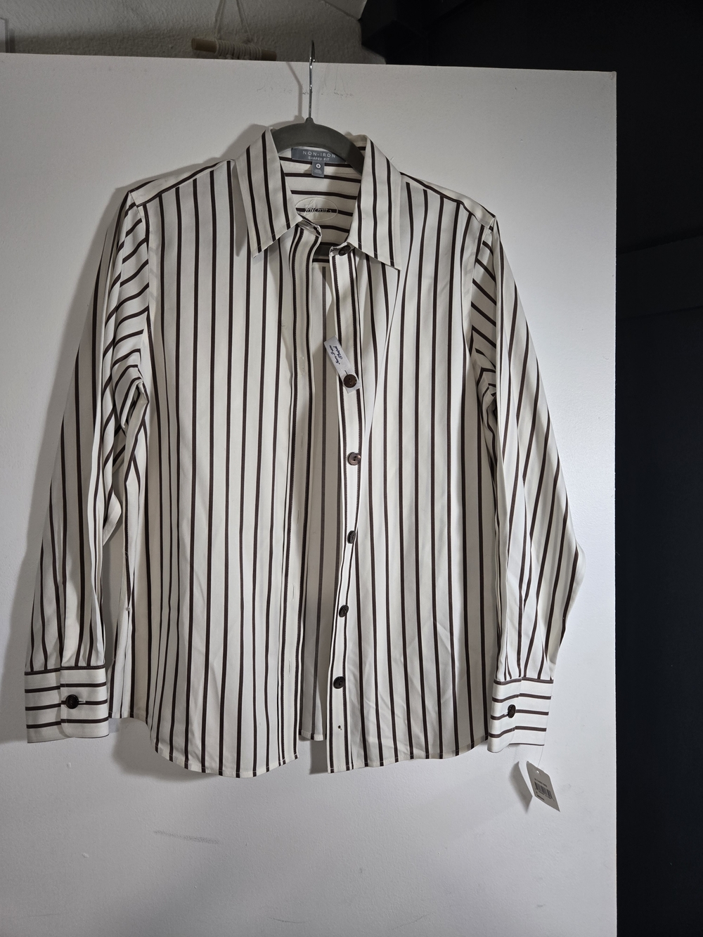 Foxcroft White Shirt with Brown Vertical Stripes